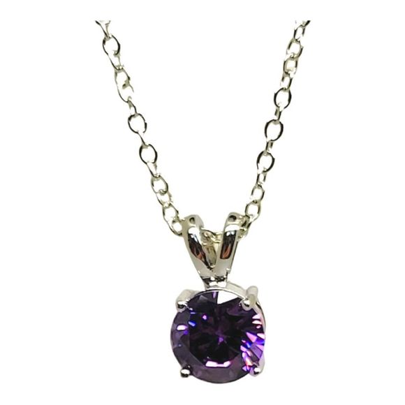 Rhodium Plated Silver 2ct Round Amethyst Solitaire Pendant 16-18" Rolo Chain - Picture 2 of 6